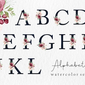 Floral Alphabet Watercolor Clipart, Rosas, Folhas, Letras Ilustradas, A-Z, Planta, Ilustrações, Desenhos, Download Digital