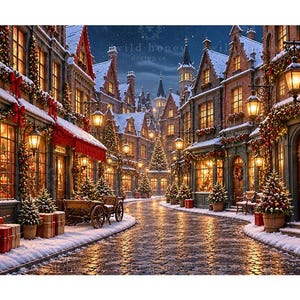 May include: A festive European-style street scene at night featuring brick buildings decorated with evergreen garlands, red bows, and glowing lanterns. The cobblestone path is dusted with snow, and small potted Christmas trees with presents sit outside storefronts.