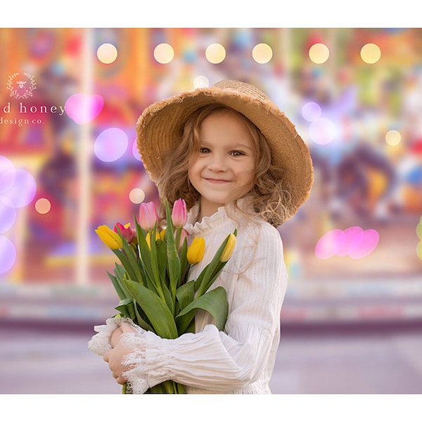 Fairground Digital Backdrop, Carousel, Carnival, Lights, Bokeh, Summer, Blur, Neon, Fine Art, Fair, Composite