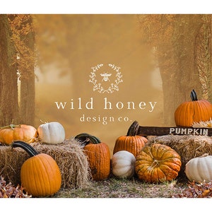 Pode incluir: Uma cena de outono com uma placa que diz "Pumpkin Farm" e uma variedade de abóboras laranja e brancas, dispostas em fardos de palha. O logotipo "wild honey design co." está no fundo.
