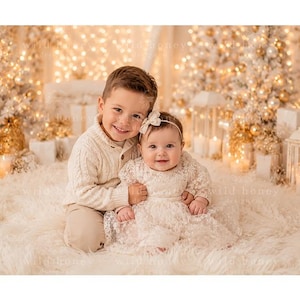 White Christmas Studio Backdrop: Fur Rug, Gold Lights (Digital Background)