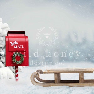 Santa Mailbox Backdrop, Snow, Winter, Christmas, Christmas Tree, Digital Backdrop, Background for Photography, Xmas, Festive image 2