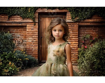 Secret Garden Digital Backdrop, Brick Wall, Wood Door, Ivy, Flowers, Path, Digital Background, Portrait Photography, Composite