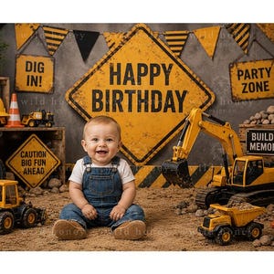 Può includere: Uno sfondo fotografico a tema cantiere con un grande cartello giallo a forma di rombo con la scritta HAPPY BIRTHDAY, circondato da segnali di pericolo gialli e neri, escavatori giocattolo, camion, coni stradali e rocce.