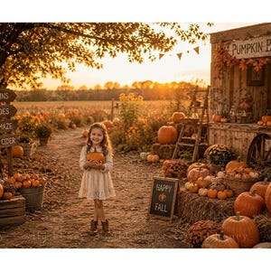 Peut inclure: Un arrière-plan de photographie numérique représentant un champ de citrouilles avec un stand en bois marqué PUMPKIN PATCH, un panneau indiquant PUMPKINS, HAYRIDES, CORN MAZE et APPLE CIDER, et une ardoise affichant HAPPY FALL avec une icône de citrouille.