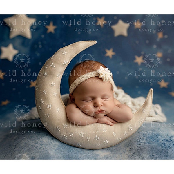 Newborn Moon Digital Backdrop, Stars, Moon Prop, Cream, Blue, Gold, Photography Background, Digital Background, Crescent Moon, Baby