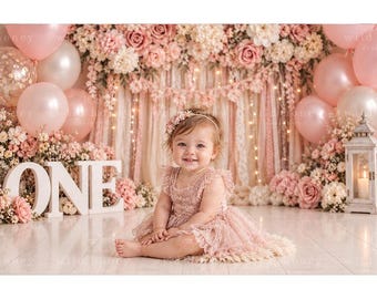 First Birthday Digital Backdrop: Pink, White, Balloons, Flowers, Studio (Digital Download)