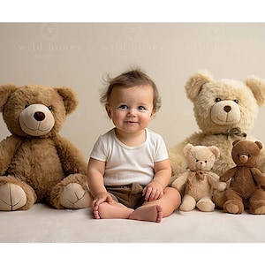 Teddy Bear Studio Digital Backdrop, Child, Baby, Studio, Beige, White Rug, Sitter, Portrait Photography, Composite
