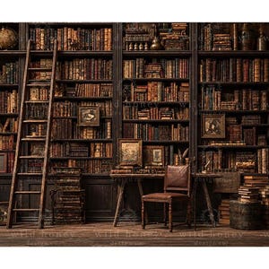 May include: A dark wood library scene featuring floor-to-ceiling bookshelves filled with antique books, a tall rolling wooden ladder, a leather chair, a wooden desk, and stacks of books on the floor. The room has a classic, scholarly atmosphere.