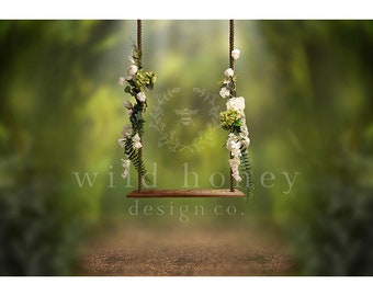 Balançoire florale, toile de fond numérique, verdure, roses blanches, feuilles, arrière-plan numérique pour la photographie, forêt, composition numérique