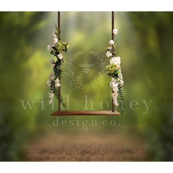 Flower Swing Digital Backdrop, Greenery, White Roses, Leaves, Digital Background for Photography, Woodland, Digital Composite