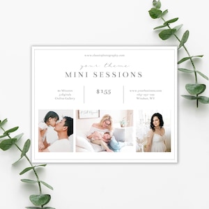 Könnte beinhalten: Ein weißer Flyer mit grauer Umrandung, der Mini-Fotoshootings bewirbt. Der Flyer enthält einen Preis von 155 € für eine 20-minütige Sitzung mit 5 digitalen Bildern und einer Online-Galerie. Der Flyer enthält auch Kontaktinformationen für das Unternehmen.