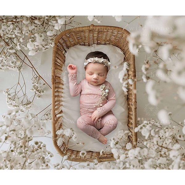 Newborn Digital Backdrop, White Flowers, Woven Basket, Crib, Boho, Overhead, Baby's Breath, Above, Background, Newborn, Baby, Photography