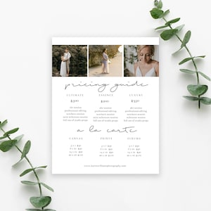 Price Guide Marketing Template, Pricing Sheet, Investment, Photography pricing and packages. A La Carte, Products, Photoshop PSD Template