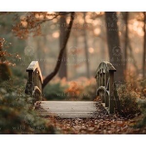 May include: A rustic wooden bridge with a curved railing spans a forest path. The bridge is surrounded by lush greenery and fallen leaves, with a blurred background of trees and sunlight. The image has a warm, autumnal color palette.