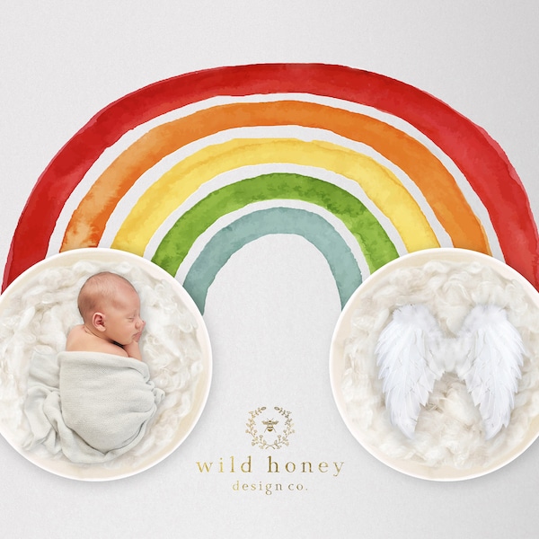 Rainbow Newborn Digital Backdrop, Baby, Angel Wings, Feathers, Rainbow Baby, Baby After Loss, Background, Newborn Photography, Painted