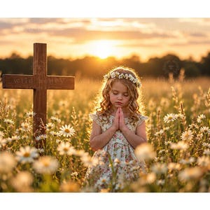 May include: A child with curly hair wearing a floral dress and a white flower crown stands in a field of daisies with hands pressed together in prayer. A tall, dark wooden cross stands to the left, all set against a golden sunset background.