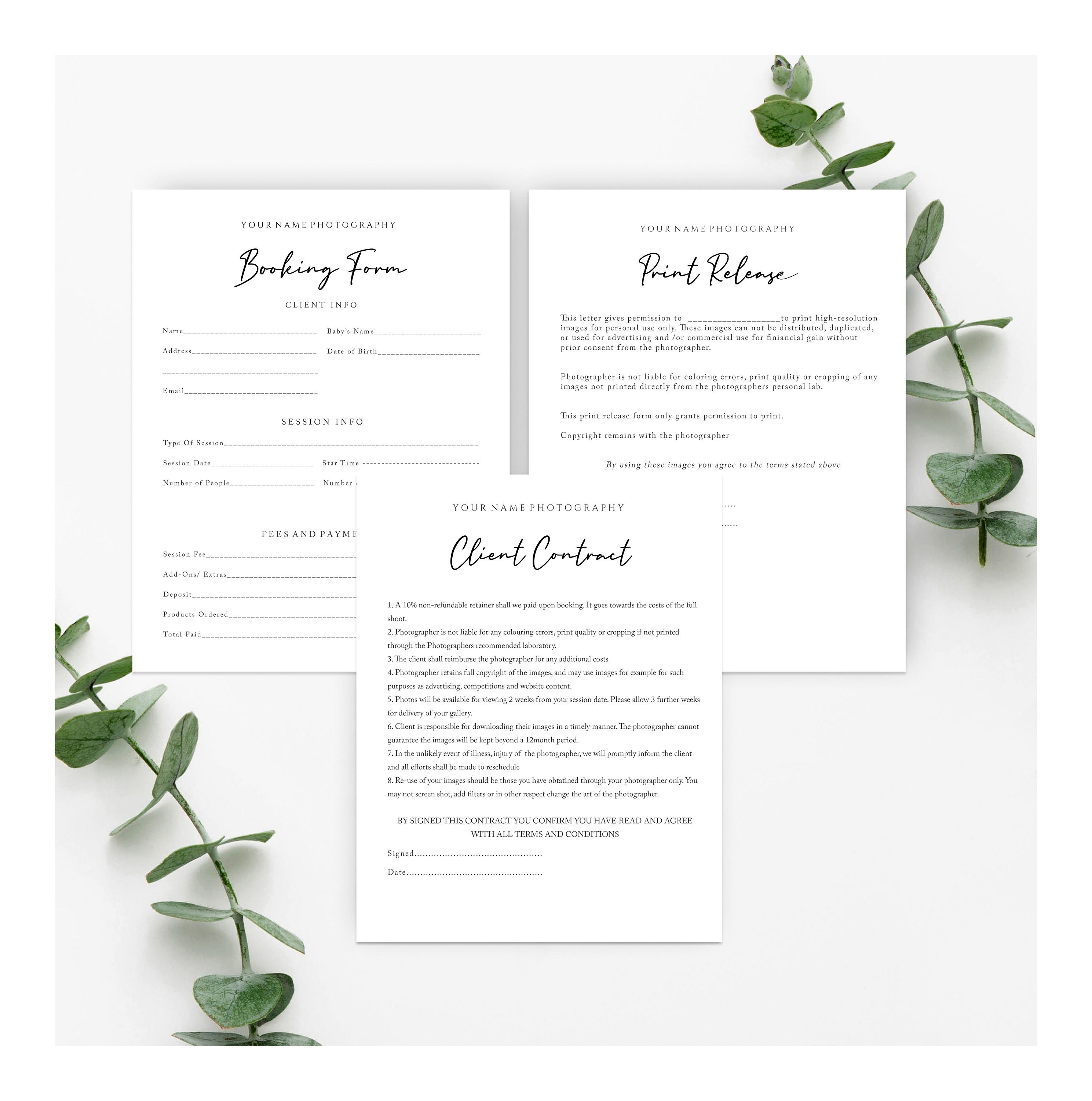 Photography Business Forms for WORD and PHOTOSHOP, Admin Bundle, Booking  Form, Print Release and Client Contract, Word and PSD Templates Throughout Photography Business Forms Templates