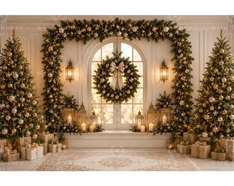 May include: A festive-themed backdrop featuring two large Christmas trees decorated with gold baubles and lights, flanking a central arched window. An evergreen garland and a wreath with a large bow hang above the window, with lanterns and gifts.