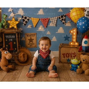 Toy Story-Hintergrund zum ersten Geburtstag (digital): Cowboy, Spielzeug, Studio (Digitaler Download)