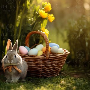Rabbits Floral Basket Round Easter Holiday Backdrop