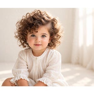 May include: A young child with voluminous, curly brown hair and light eyes, wearing a long-sleeved, off-white textured blouse with a round neckline and ruffled cuffs. The garment features a button-down front detail and a soft, lightweight fabric.