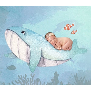 Watercolor Ocean Newborn Digital Backdrop: Whale & Nemo (Digital Download)