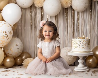 Gold Cake Smash Digital Backdrop, Balloons, Birthday, Cake, White Studio, Baby, Digital Background