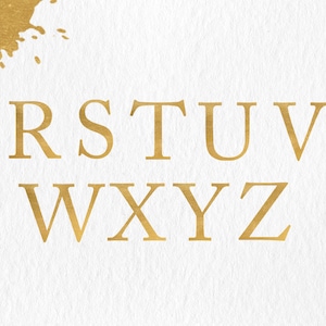 Op de afbeelding: Gouden folie letters van het alfabet, beginnend met de letter R en eindigend met de letter Z. De letters staan op een witte achtergrond.
