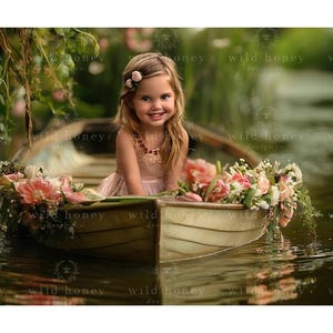 Bloemenboot Digitale achtergrond, portret, roze bloemen, water, digitale achtergrond, kind, digitale achtergrond