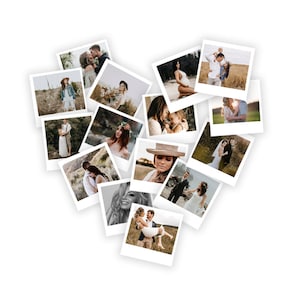May include: A collage of Polaroid photos arranged in a heart shape, featuring couples in various poses and settings. The photos are in a vintage style, with a white border and a faded look.