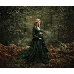 May include: A dark green maternity gown with long sleeves and a flowing skirt. The dress features a deep V-neck and is worn in a forest setting. The image has a soft, natural lighting and a blurred background.