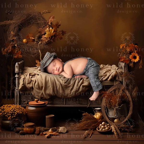 Fall Bed Digital Backdrop, Autumn, Wreath, Harvest, Flowers, Digital Background, Newborn Photography, Baby