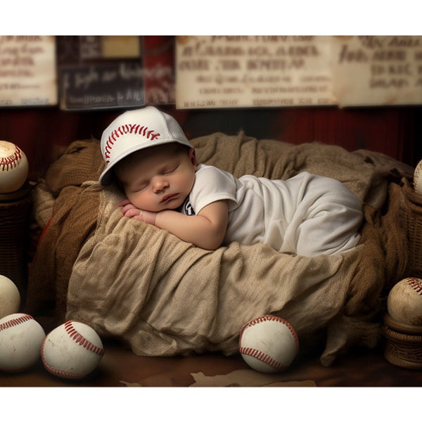 Baseball Baby Digital Backdrop, Vintage, Newborn, Sports, Digital Background