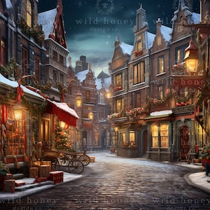 May include: A snowy, cobblestone street lined with brick buildings decorated for Christmas. The buildings have lit windows and garlands of greenery. There are presents wrapped in brown paper and red ribbon on the sidewalk.