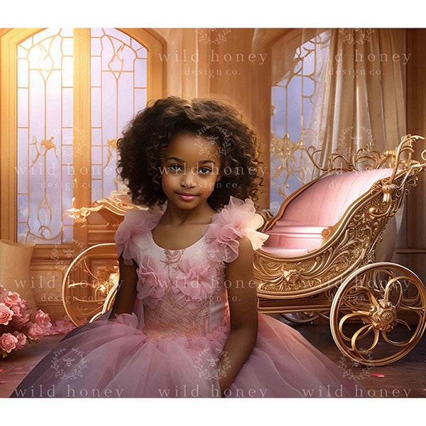 Gold Carriage Digital Backdrop, Pink Flowers, Castle, Digital Background Photography, Fairytale, Princess, Composite