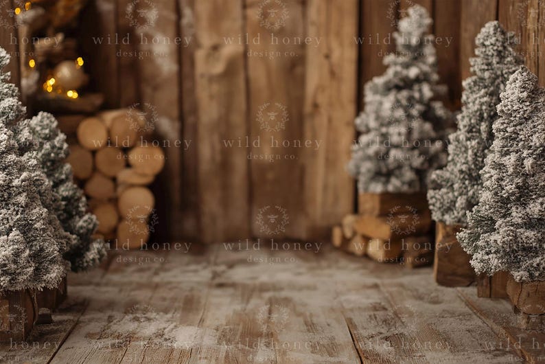 Christmas Wood Studio Digital Backdrop, Floorboards, Christmas Tree, Lights, Baubles, Wood