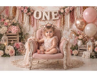 First Birthday Digital Backdrop: Pink, Banner, Balloons, Flowers, Studio (Digital Download)