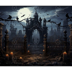 Black Gate Digital Backdrop, Night, Halloween, Cemetery, Graveyard, Fall, Digital Background, Portrait Photography