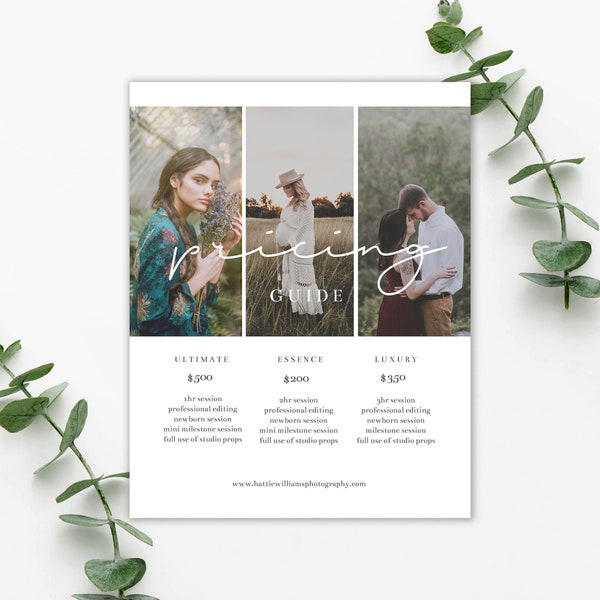 Price Guide Marketing Template, Pricing Sheet, Investment, Photography pricing and packages. Photoshop PSD Template