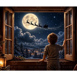Christmas Window Digital Backdrop: Santa Sleigh, Christmas Eve, Children