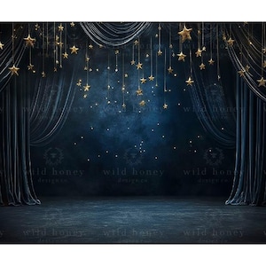 May include: A dark blue velvet stage curtain backdrop with gold stars hanging from the top. The background is a dark blue with a starry sky effect.