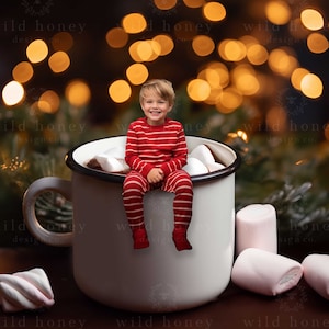Hot Chocolate Digital Backdrop, Cocoa, Christmas, Golden Bokeh, Xmas, Marshmallows, Mug, Digital Background, Photography