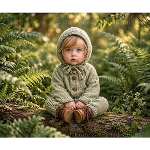May include: A sage green knitted long-sleeve romper with a matching hood and brown buttons down the front. The garment features ribbed cuffs at the wrists and ankles, a tie closure under the chin, and is paired with brown leather-style boots.