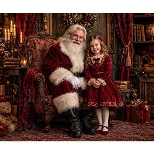May include: Santa Claus with a white beard and red velvet suit with white fur trim sits in a patterned armchair next to a young child wearing a long-sleeved dark red velvet dress with lace collar and cuffs, standing in a festive room.