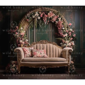 Floral Arch with Couch Digital Backdrop, Sofa, Maternity, Portrait, Flower Arch, Armchair, Pink Flowers, Grand Room, Digital Background