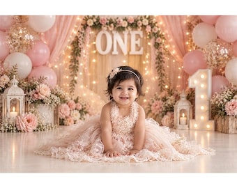 First Birthday Digital Backdrop: Pink, Gold, Balloons, Flowers, Studio (Digital Download)