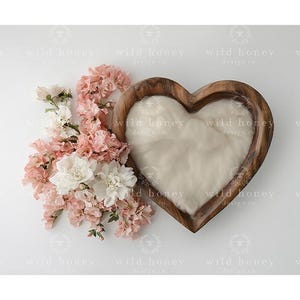 Newborn Heart Bowl Digital Backdrop, Baby, Pink and White Flowers, Wooden Bowl, Background, Studio, Newborn Photography