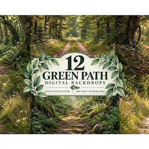 Puede incluir: Una colección de 12 fondos digitales que muestran varios senderos forestales con follaje verde exuberante, árboles y caminos de tierra. La etiqueta central muestra el texto 12 GREEN PATH DIGITAL BACKDROPS, enmarcado por hojas verdes.
