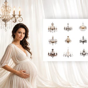 Può includere: Una collezione di dodici distinti lampadari decorati caratterizzati da varie finiture metalliche, accenti in cristallo e lampade a forma di candela, presentati come una griglia di opzioni di illuminazione individuali accanto a un grande lampadario a sospensione.
